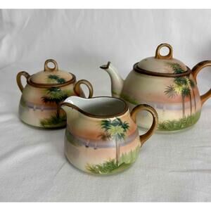 Vintage Nippon Hand Painted Palm Tree Tea Set Porcelain Good Condition